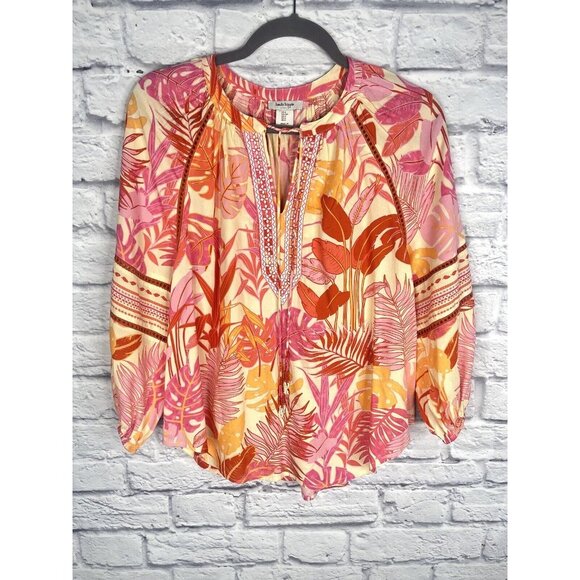 HAUTE HIPPIE Women's Orange Botanical Tassel Embroidered Boho Blouse Small - Picture 1 of 7
